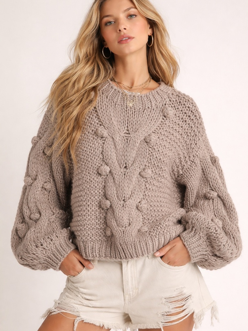 NWT Amaryllis | Taupe Cable-Bobble Chunky Knit Crewneck Sweater Size M/L